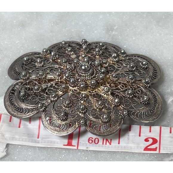 Antique 800 Silver Domed Brooch Genova Italy Filigree Etruscan Revival Scroll - Picture 5 of 10